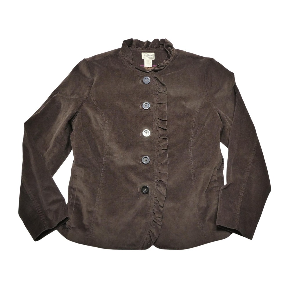 L.L.Bean Jacket Womens 14 Brown Corduroy Ruffle Collar Button Lined Short